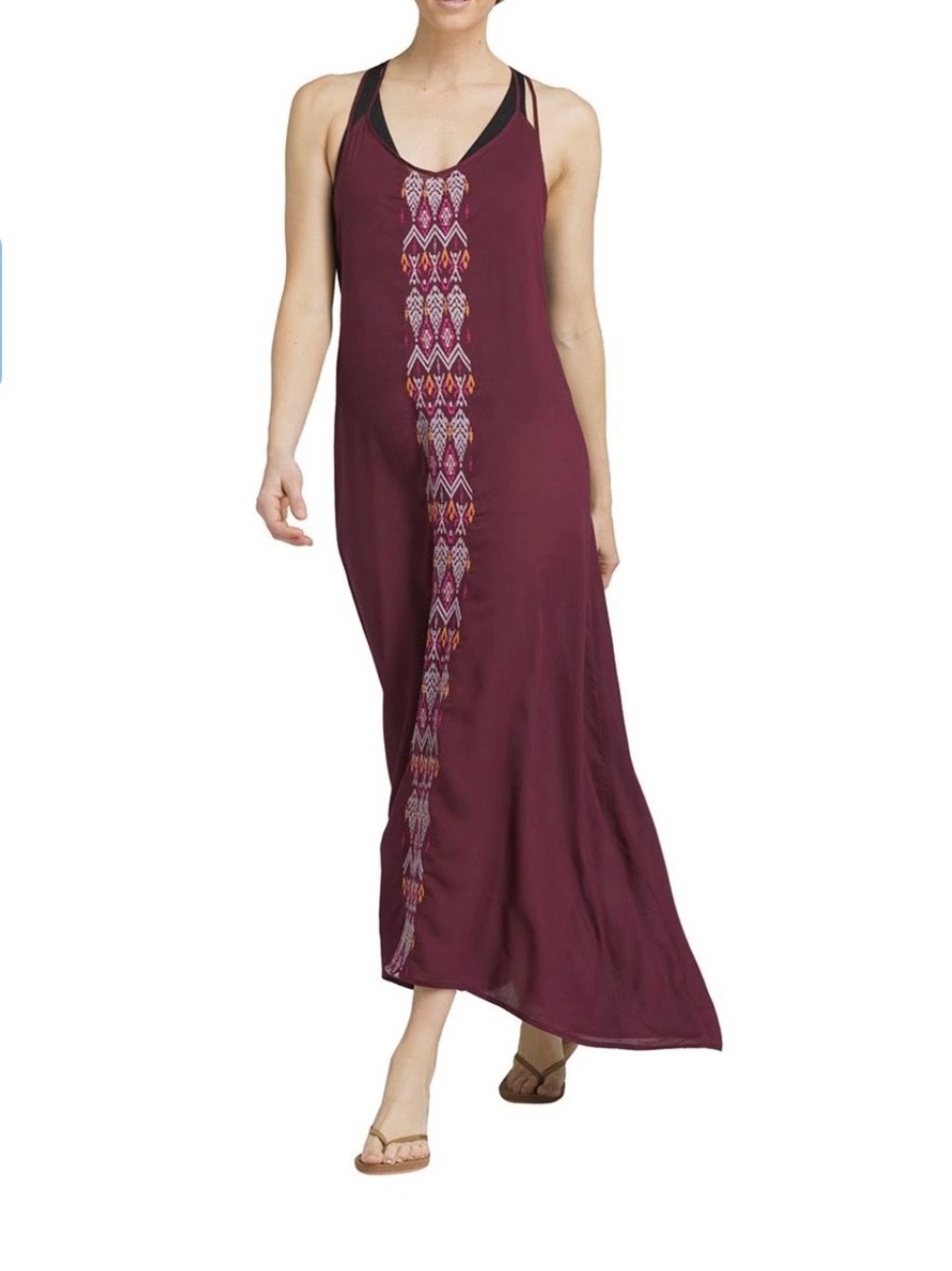 prAna Burgundy Embroidered Maxi Dress Size L Boho 100% Lenzing Modal